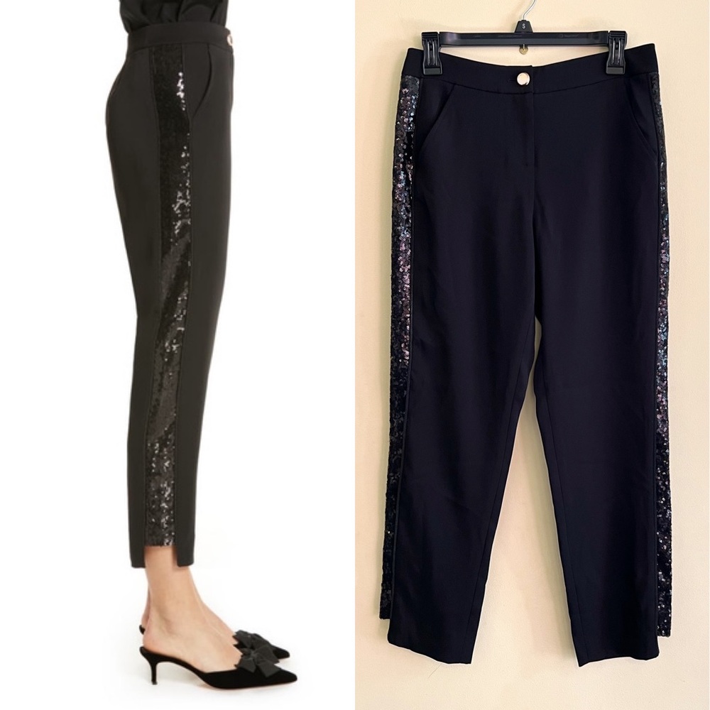 NWT Ted Baker London Black Sequin Side Panel Trouser Cropped Size 1 or US 4
